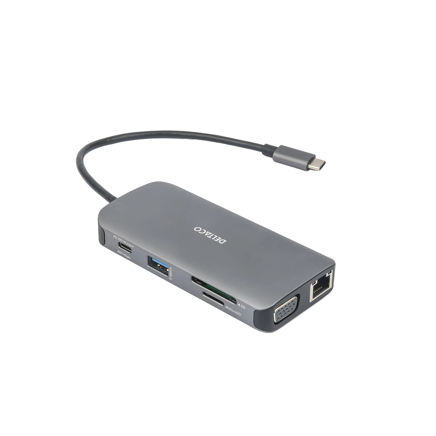 DELTACO USB-C-telakka, 3x USB-A, SD/microSD, RJ45, HDMI, VGA