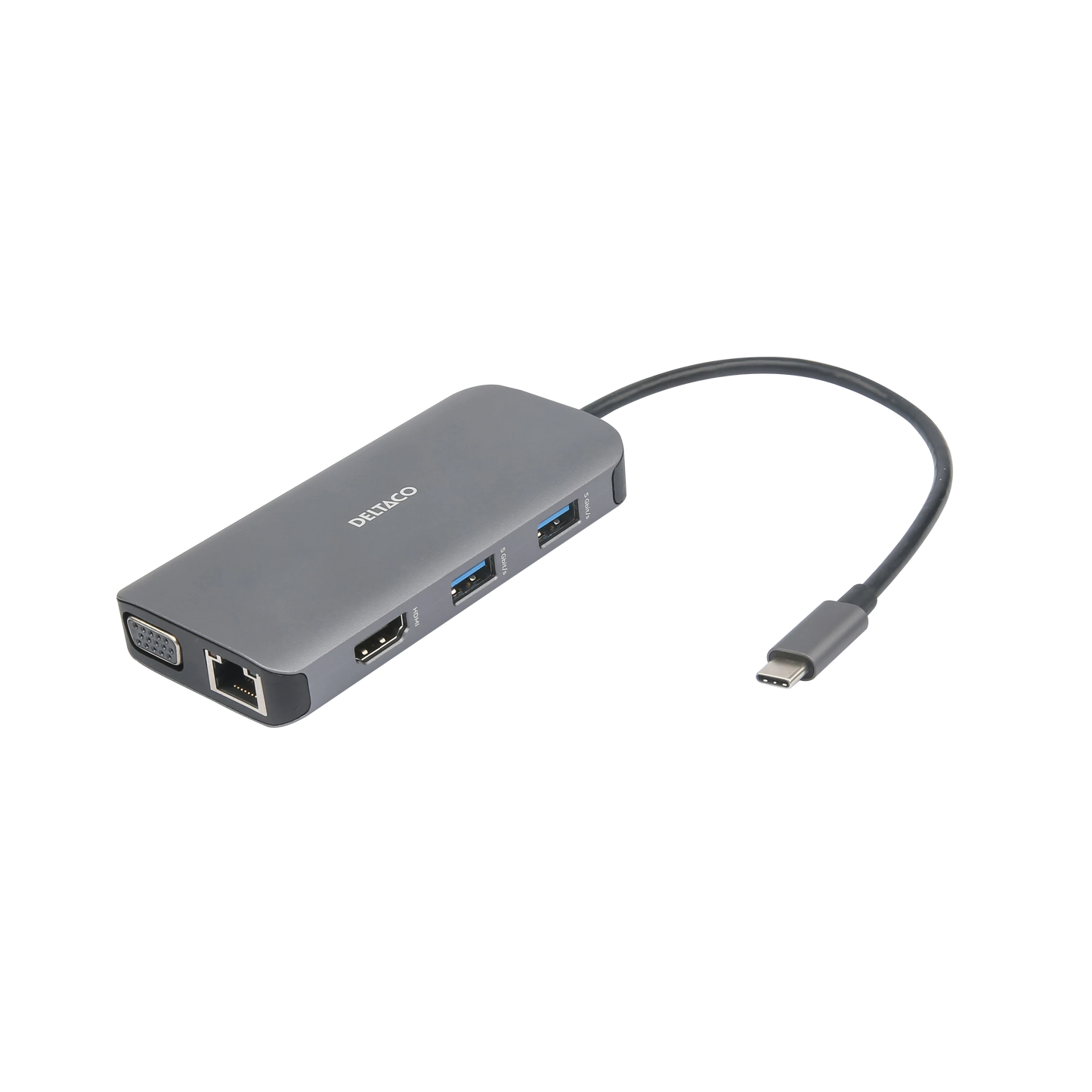 DELTACO USB-C-telakka, 3x USB-A, SD/microSD, RJ45, HDMI, VGA
