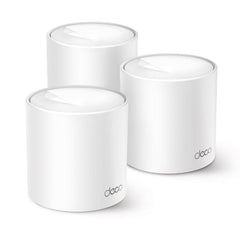 Kolme valkoista lieriönmuotoista TP-Link Deco X10 -mesh-yksikköä ryhmässä