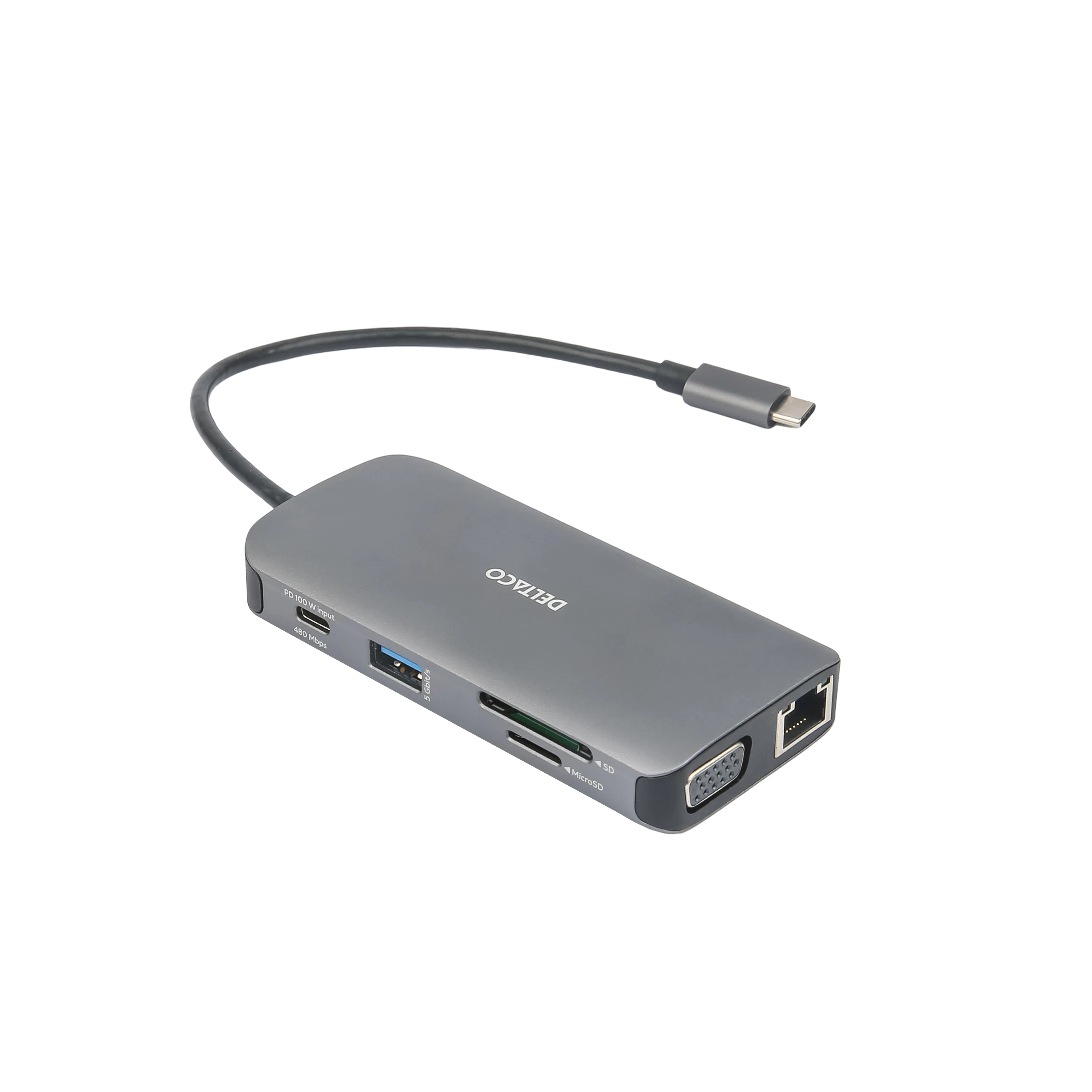 DELTACO USB-C-telakka, 3x USB-A, SD/microSD, RJ45, HDMI, VGA