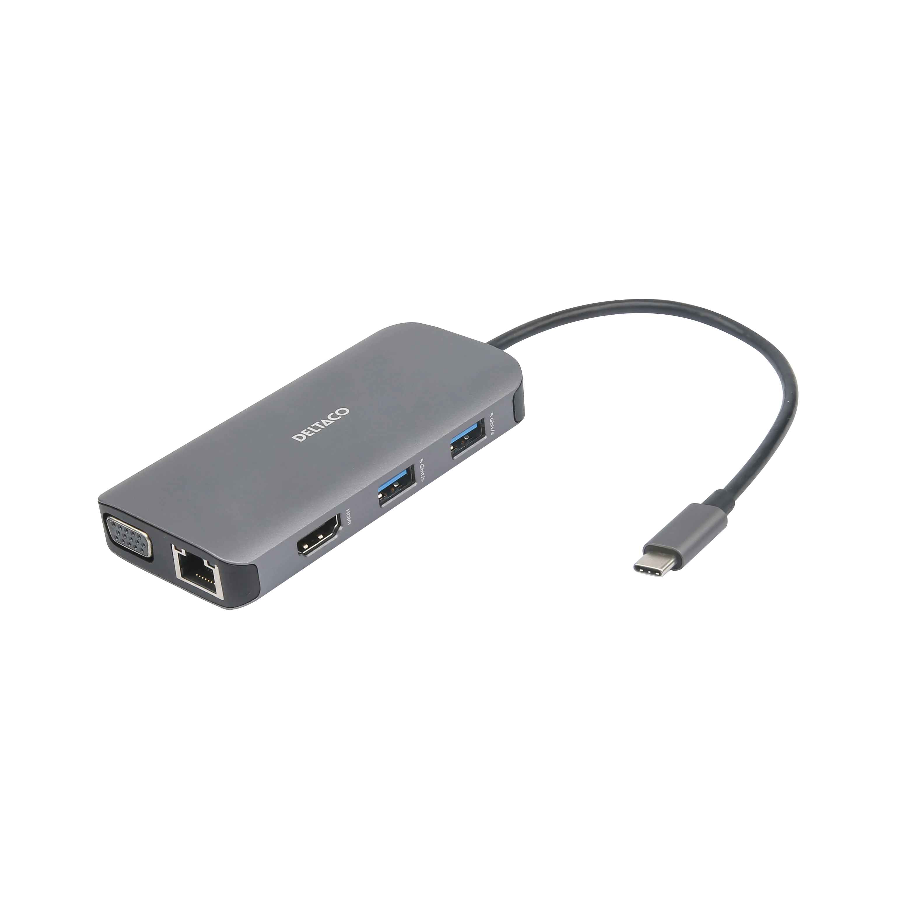 DELTACO USB-C-telakka, 3x USB-A, SD/microSD, RJ45, HDMI, VGA