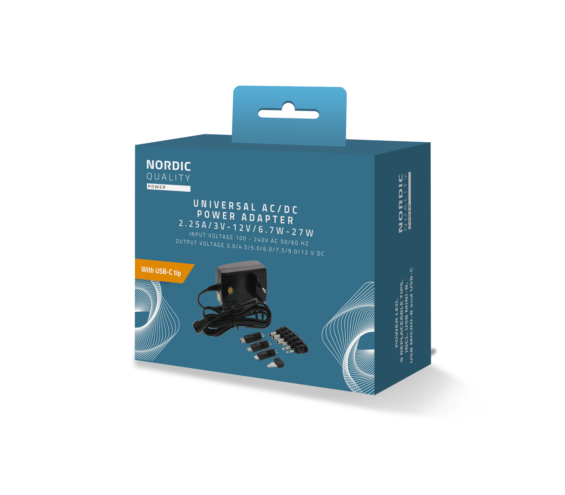 Nordic Quality AC/DC 3-12V, 6.7-27W, 2250mAh virta-adapteri vaihtopäillä