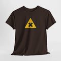Dark brown T-shirt with a yellow caution triangle and black X symbol printed on front