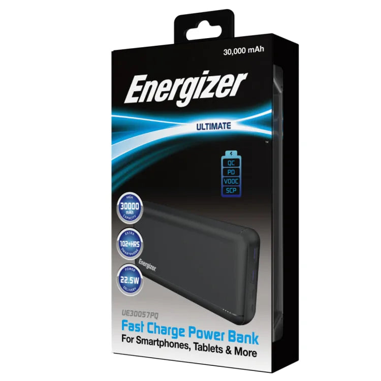 Turvallinen ja tehokas Energizer Powerbank 30000mAh pikalatauksella