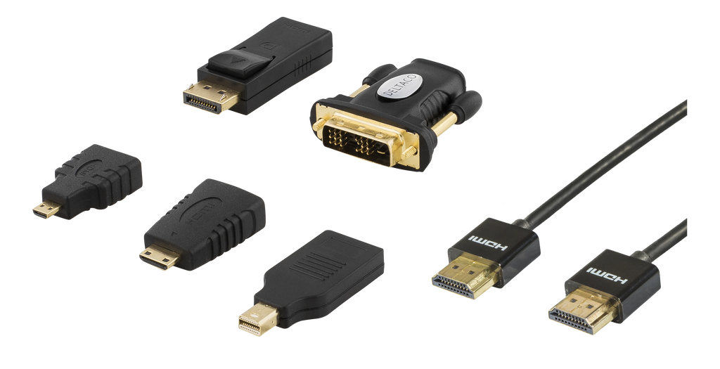 DELTACO HDMI/DisplayPort/DVI sovitinsarja, HDMI-kaapeli 2m, 4K