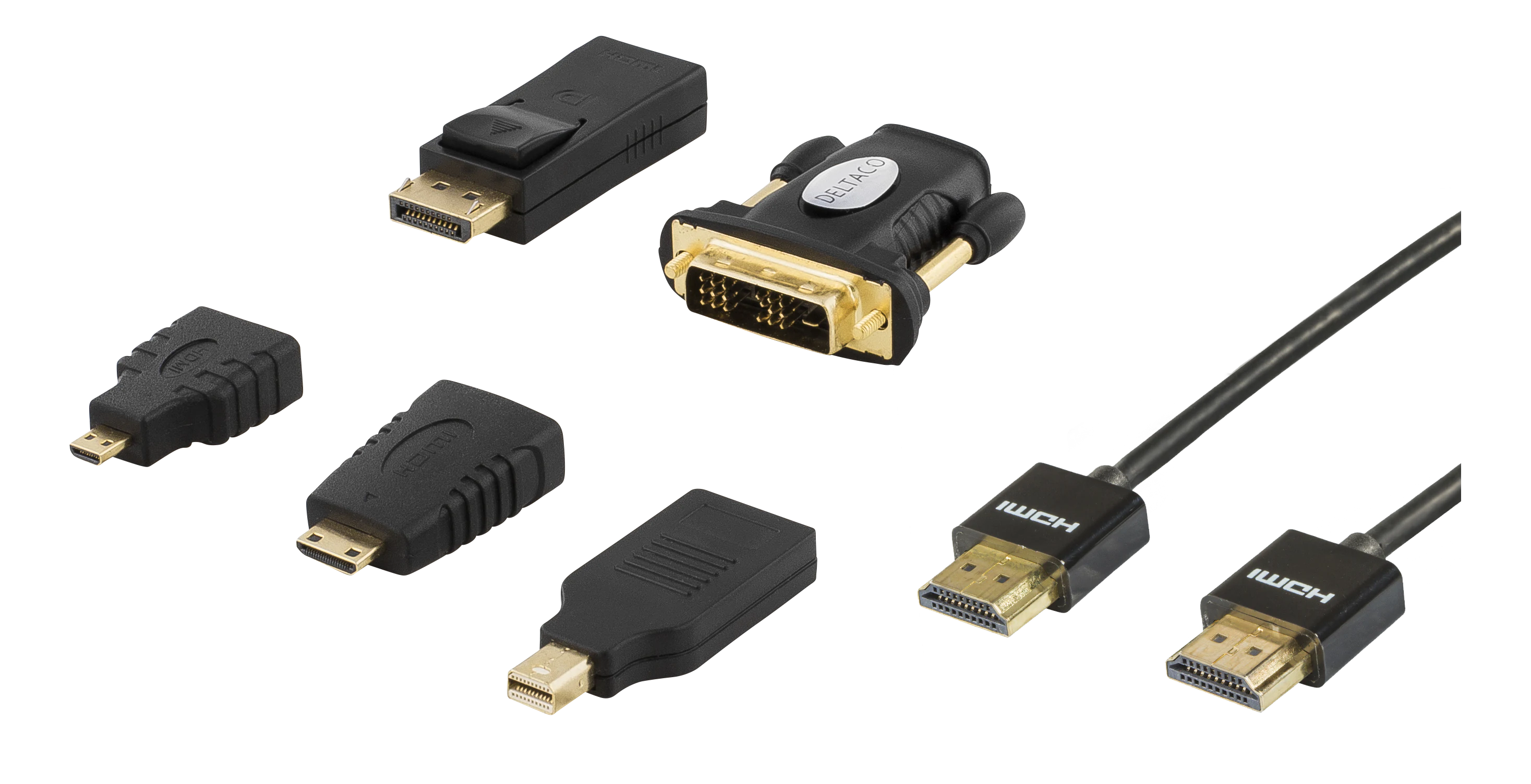DELTACO HDMI/DisplayPort/DVI sovitinsarja, HDMI-kaapeli 2m, 4K