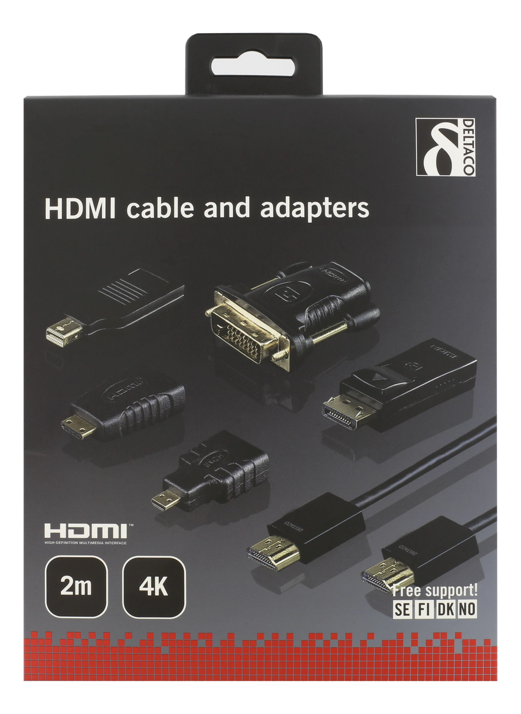 DELTACO HDMI/DisplayPort/DVI sovitinsarja, HDMI-kaapeli 2m, 4K