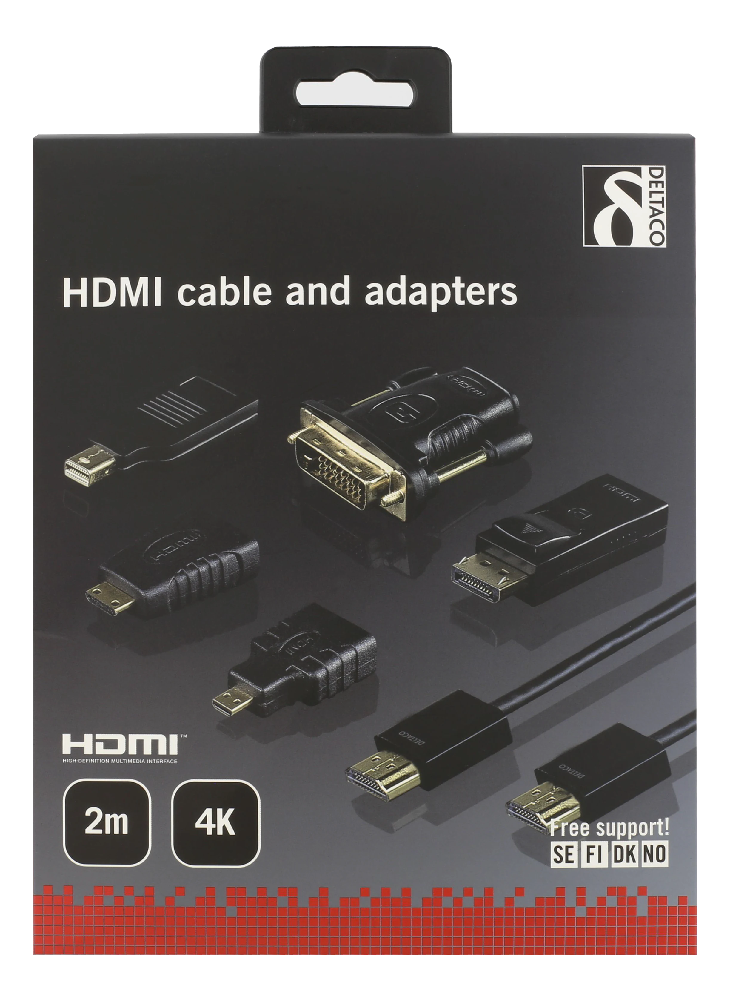 DELTACO HDMI/DisplayPort/DVI sovitinsarja, HDMI-kaapeli 2m, 4K