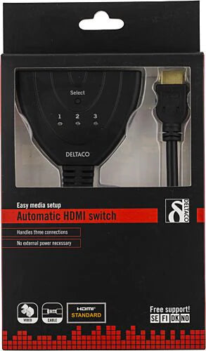 DELTACO HDMI Pigtail kytkin, auto/manual HDMI-kytkin, 3-1, musta