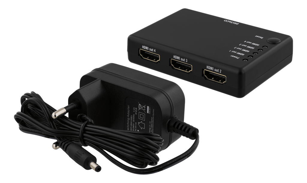 DELTACO HDMI-jakaja, 1 HDMI-tulo, 4 HDMI-lähtöä, 10,2 Gbit/s - Lourun verkkokauppa