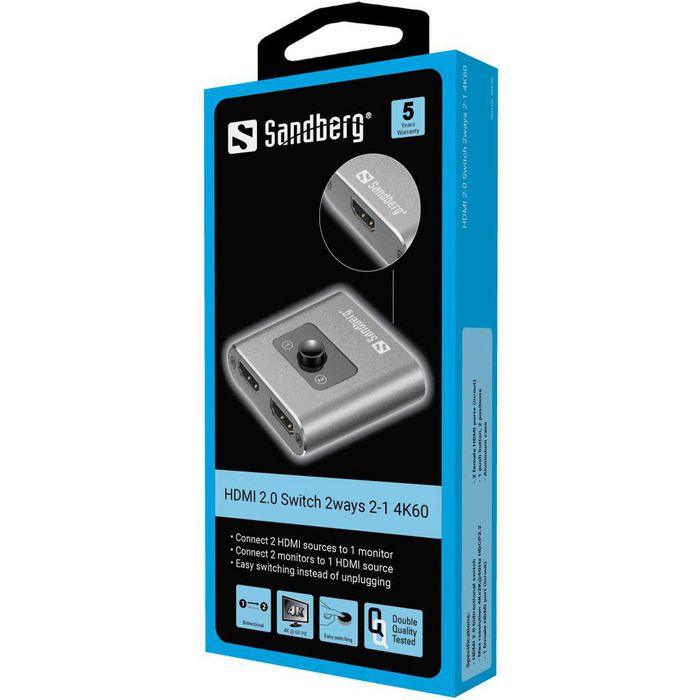 Sandberg HDMI 2.0 Switch 2ways 2-1 4K60 - Lourun verkkokauppa