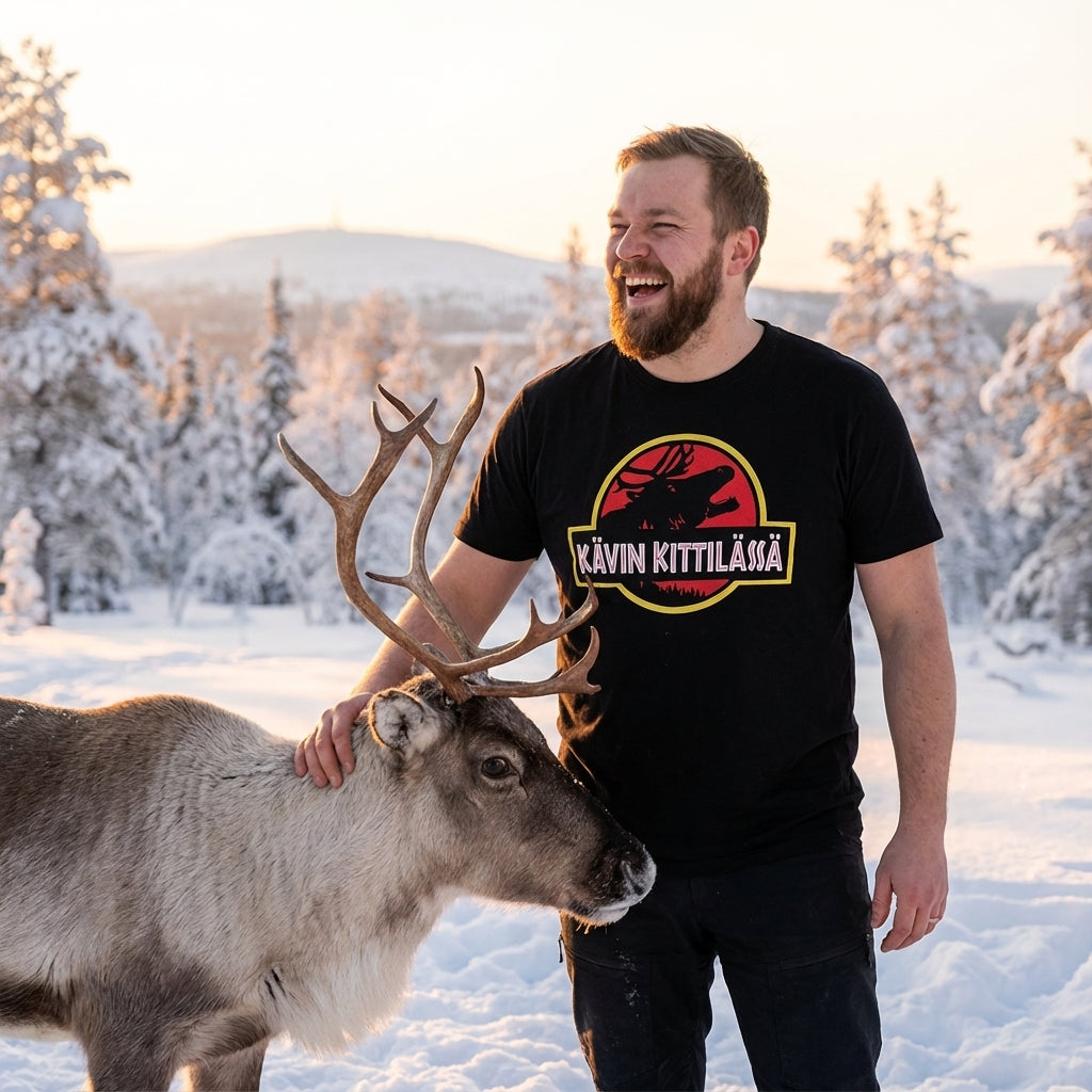 Mies poron kanssa mallikuva. Kävin Kittilässä t-paita Lourun verkkokauppa mallikuva.