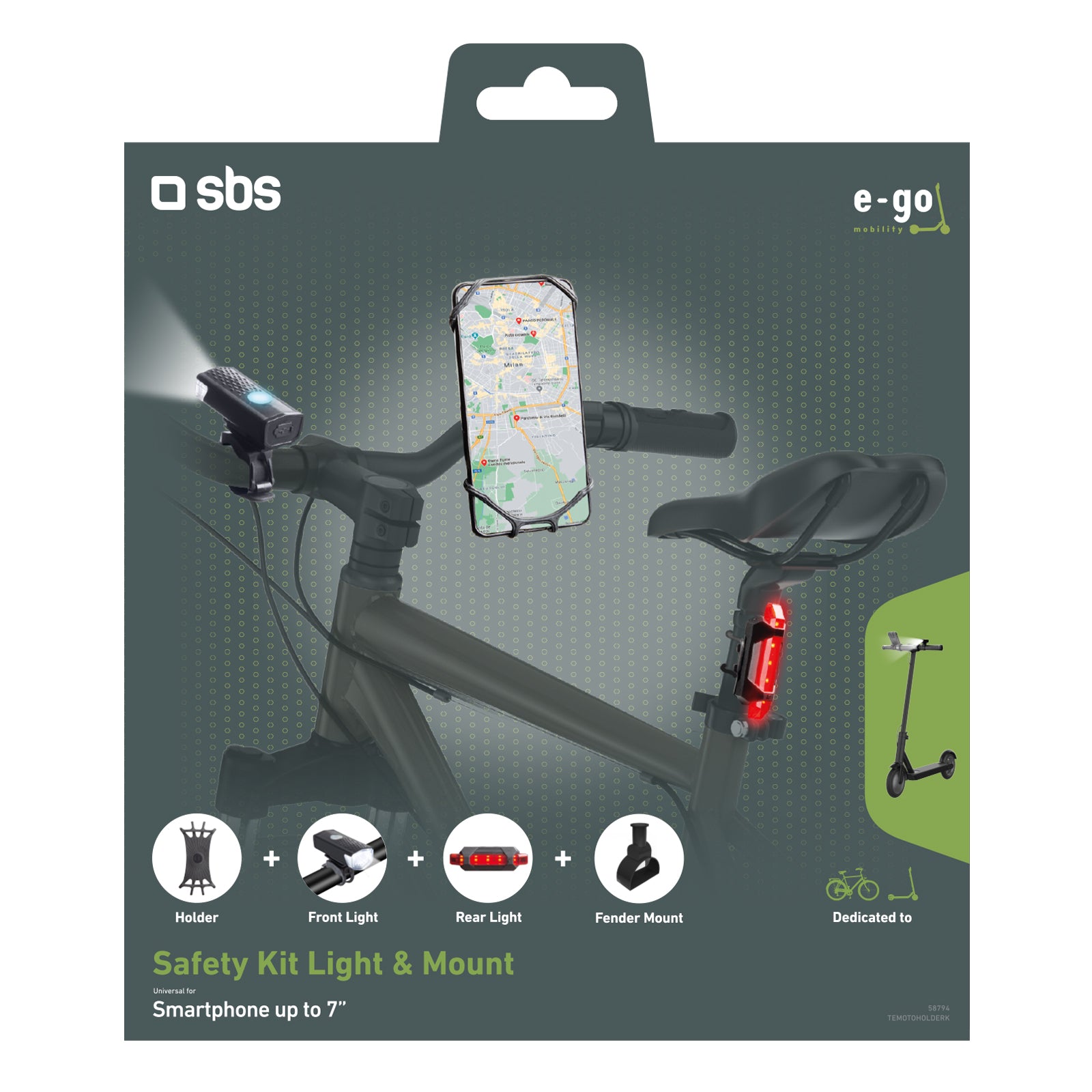 SBS E-GO SAFETY KIT puhelinteline ja valo polkupyörään