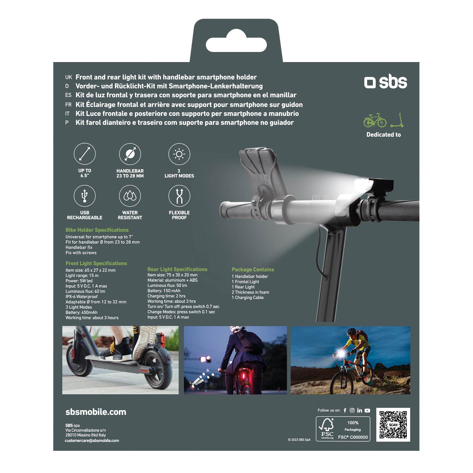 SBS E-GO SAFETY KIT puhelinteline ja valo polkupyörään