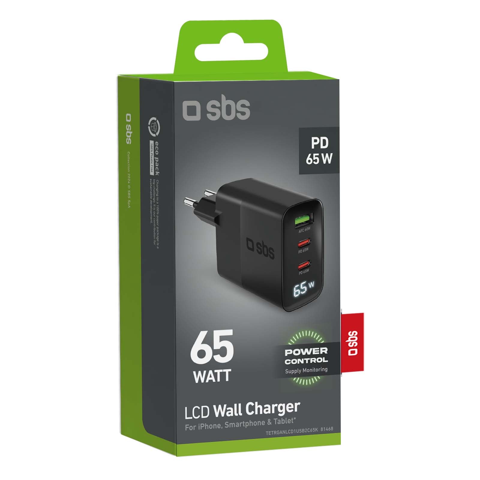 SBS laturi 2X USB-C + USB-A + LCD 65W