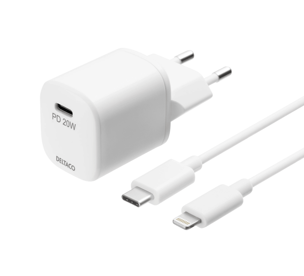 Deltaco USB-seinälaturi, USB-C, PD 20W, sisältää Lightning-kaapelin - Lourun verkkokauppa