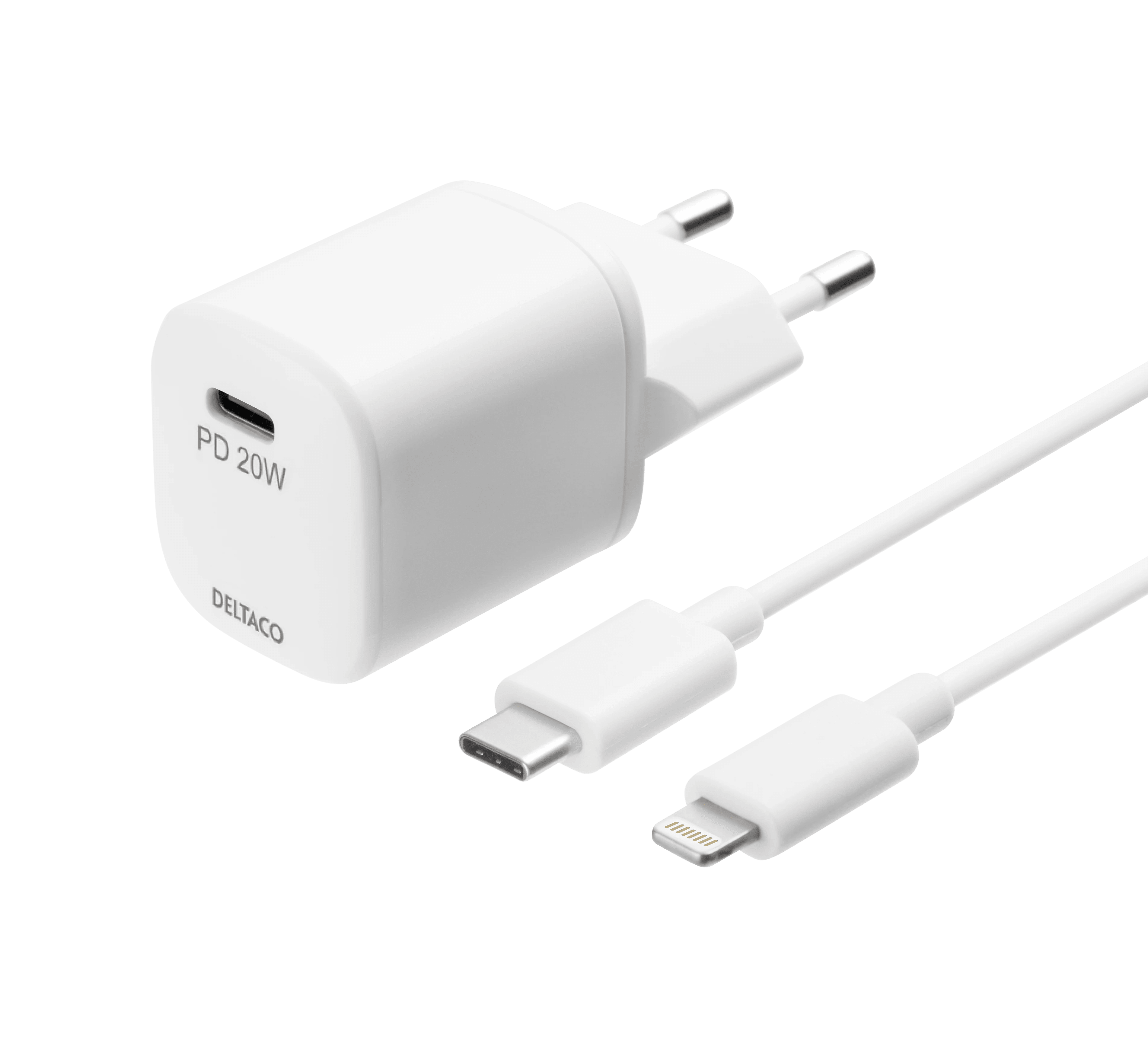 Deltaco USB-seinälaturi, USB-C, PD 20W, sisältää Lightning-kaapelin - Lourun verkkokauppa