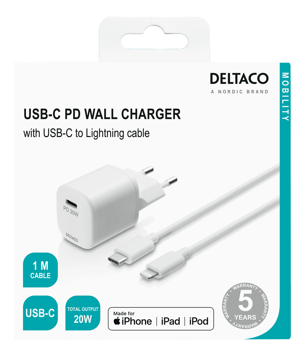 Deltaco USB-seinälaturi, USB-C, PD 20W, sisältää Lightning-kaapelin - Lourun verkkokauppa