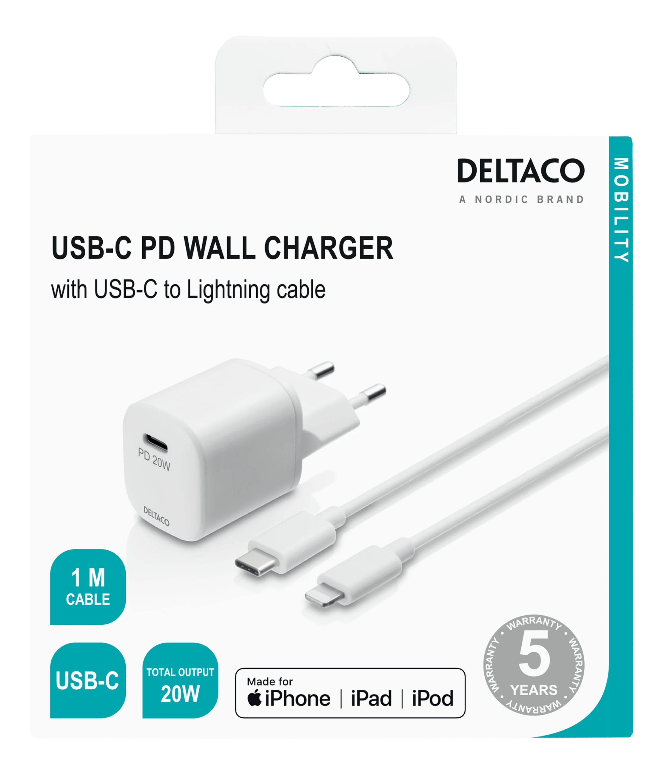 Deltaco USB-seinälaturi, USB-C, PD 20W, sisältää Lightning-kaapelin - Lourun verkkokauppa