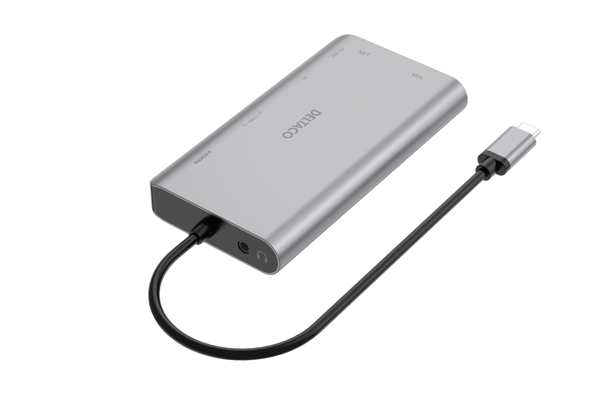 Deltaco USB-C telakka, 2x USB-A/SD/RJ45/HDMI/VGA/3.5mm/PD100W