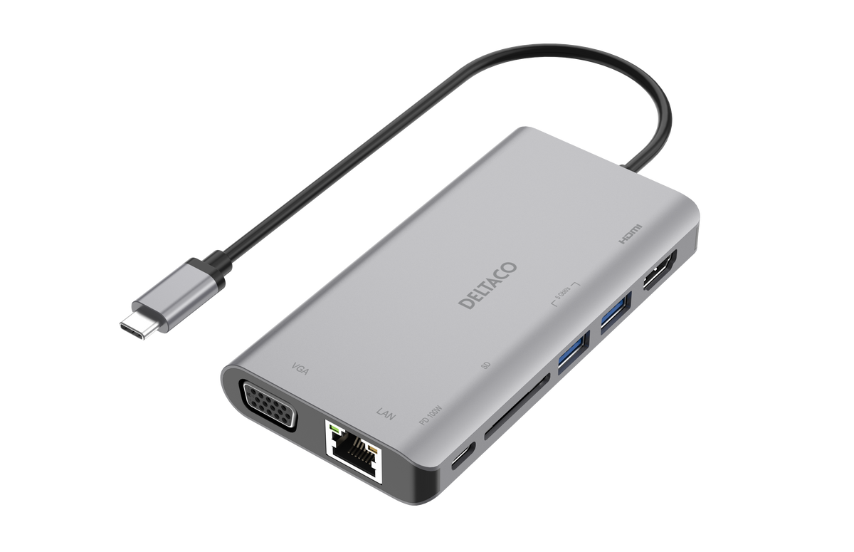 Deltaco USB-C telakka, 2x USB-A/SD/RJ45/HDMI/VGA/3.5mm/PD100W