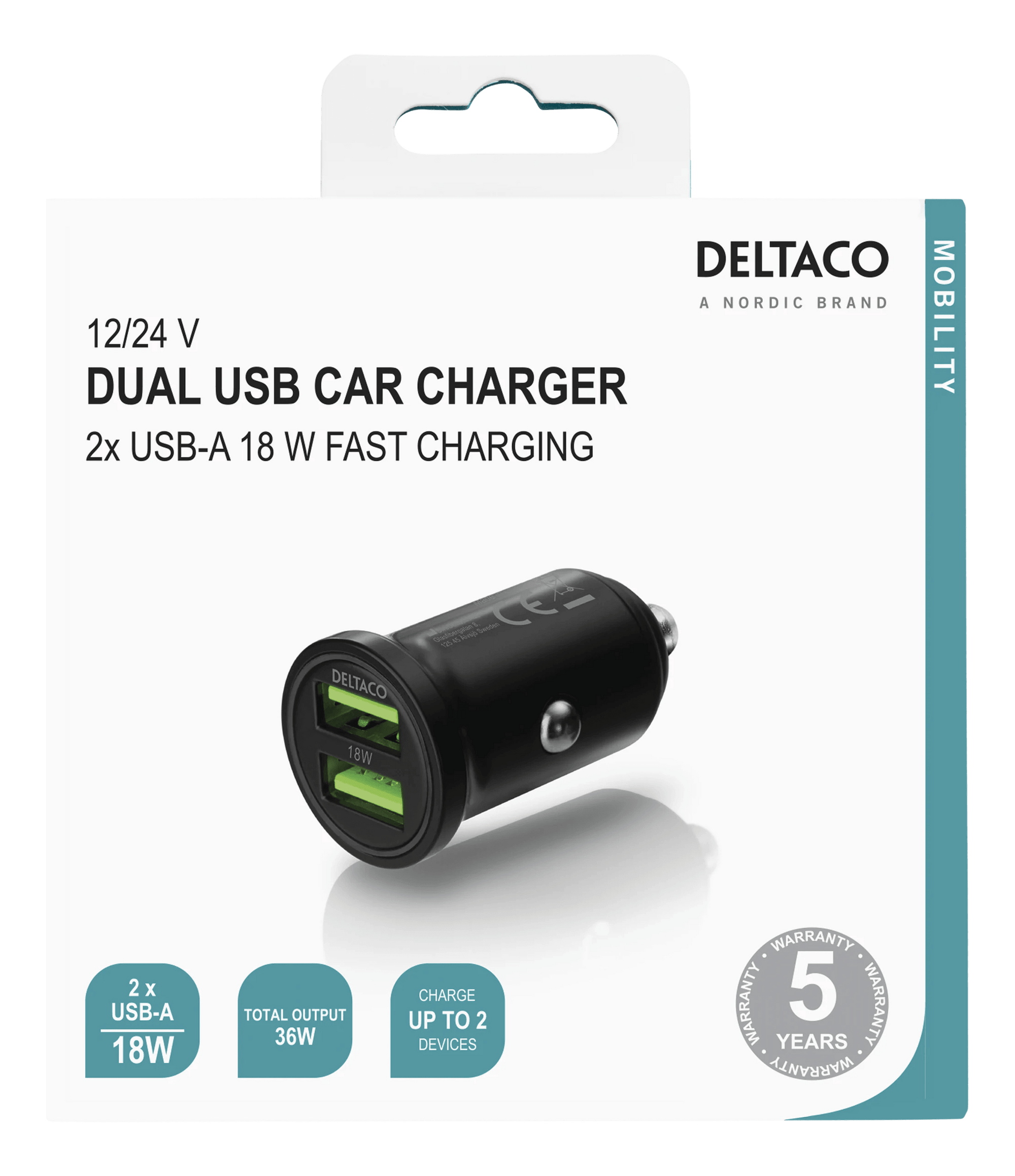 DELTACO 2x USB-A 18W autolaturi - Lourun verkkokauppa