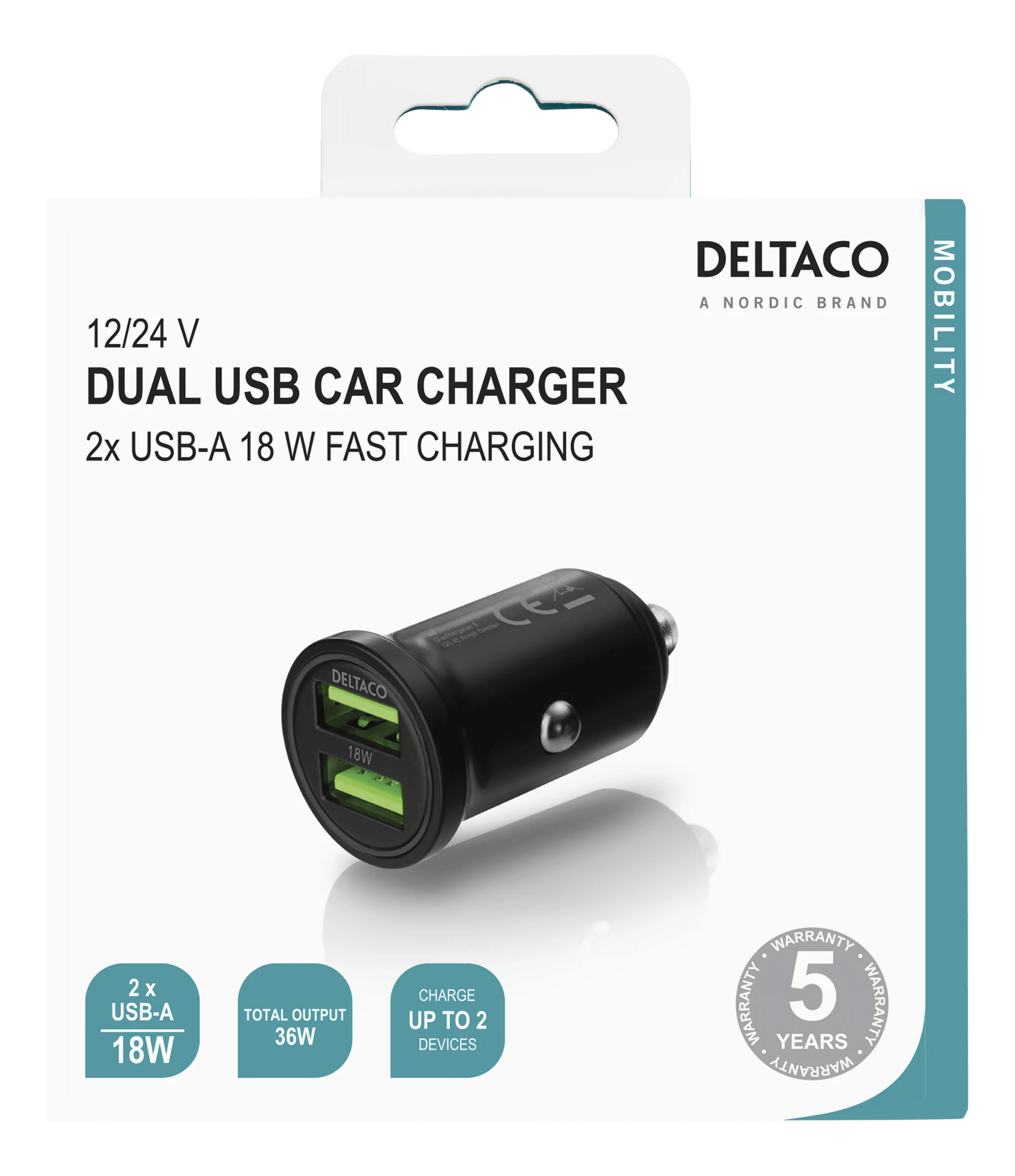 DELTACO 2x USB-A 18W autolaturi - Lourun verkkokauppa