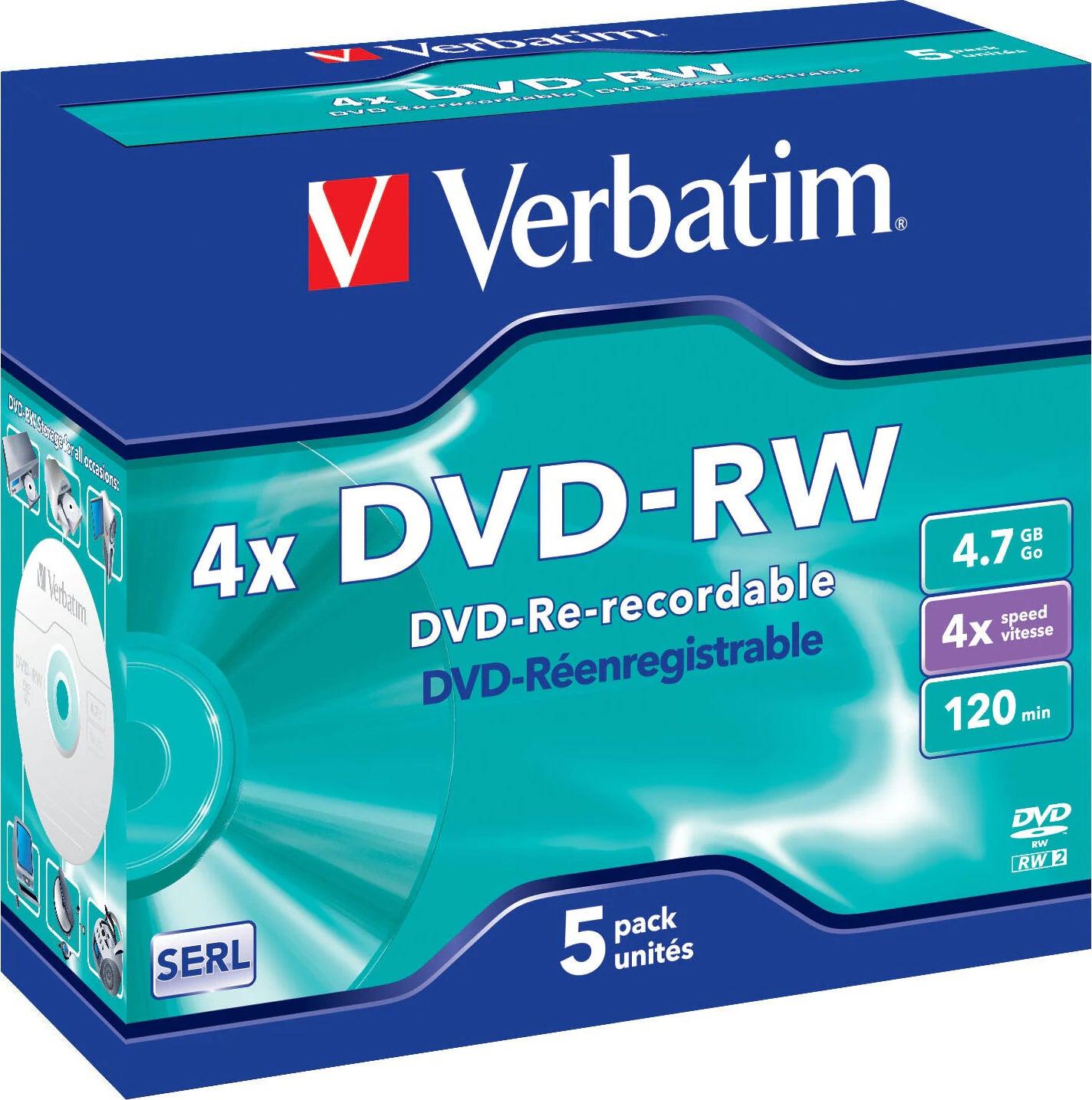 Verbatim DVD-RW, 4x, 4.7 GB/120 min, 5-pack jewel case, SERL - Lourun verkkokauppa